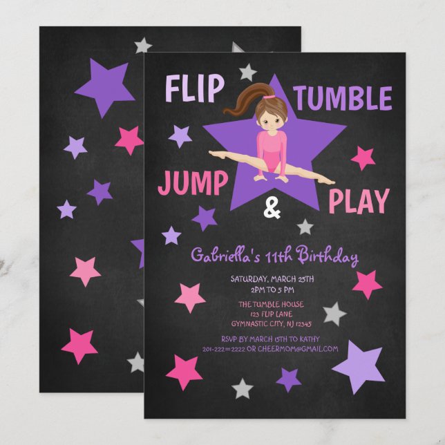 Flip, Tumble, Jump, & Play Gymnastics Birthday Invitation (Front/Back)