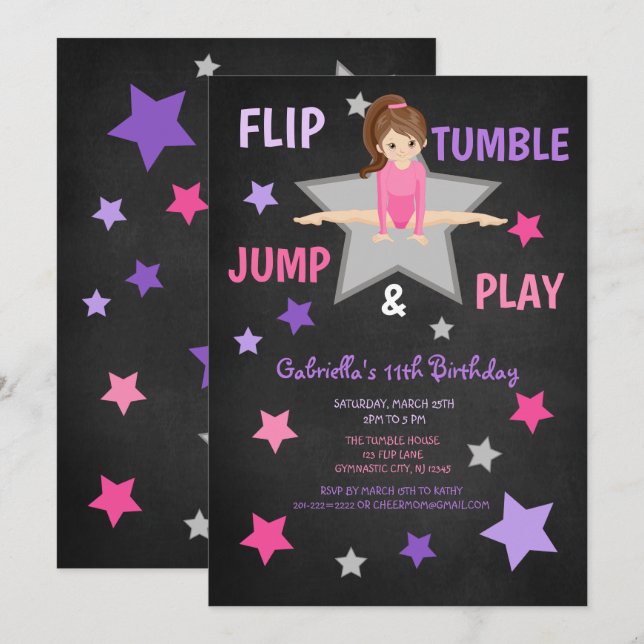 Flip, Tumble, Jump, & Play Gymnastics Birthday Invitation (Front/Back)