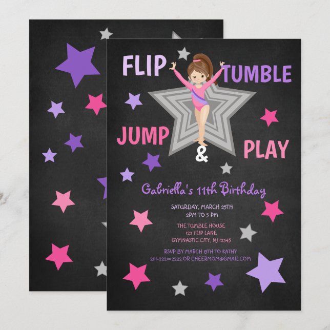 Flip, Tumble, Jump, & Play Gymnastics Birthday Invitation (Front/Back)