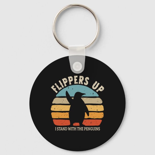 Flippers Up I Stand With The Penguins Retro Sunset Keychain (Front)