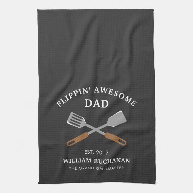 Flippin Awesome Dad BBQ Father Personalized Kitchen Towel (Vertical)