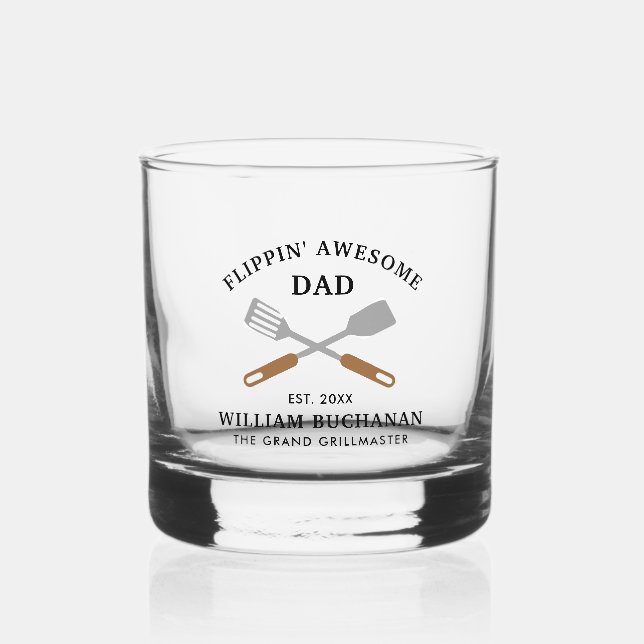 Flippin Awesome Dad BBQ Father Personalized Whiskey Glass (Front)