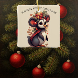 Flipping Flapping Merry Christmas Penguin Quirky Ceramic Ornament