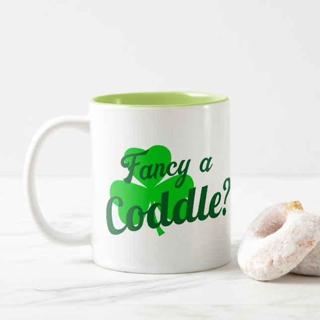 Flirt Fancy A Coddle Cuddle Funny Irish Saying Two-Tone Coffee Mug (With Donut)