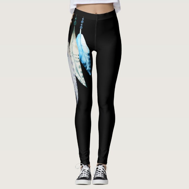 *~* Flirting Feathers on Black Leggings (Front)