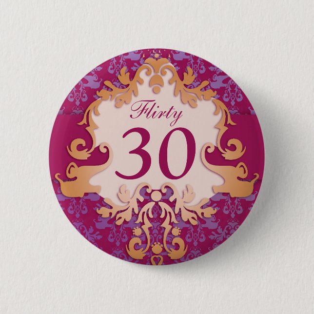"Flirty 30" age damask elephant button/badge Pinback Button (Front)