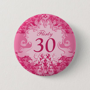 "Flirty 30" damask elephant pink button/badge Pinback Button