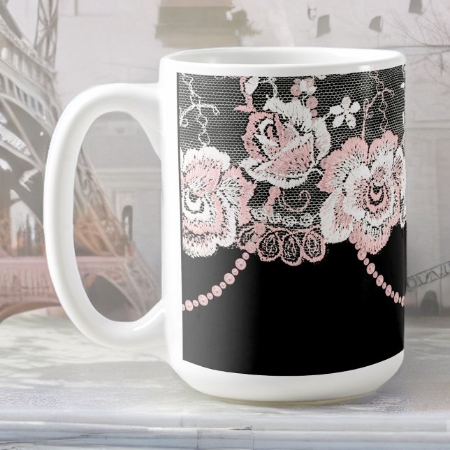 Flirty and Delicate Pink Rose Faux Lace and Pearls Coffee Mug (Creator Uploaded)