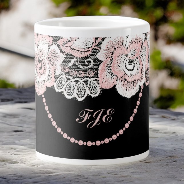 Flirty and Delicate Pink Rose Faux Lace and Pearls Giant Coffee Mug (Creator Uploaded)