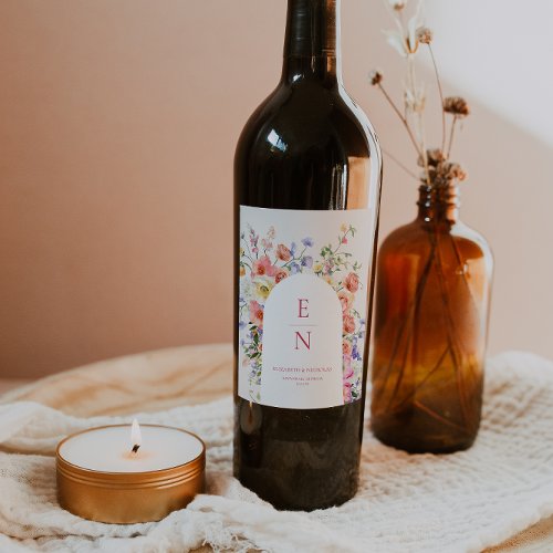 Flirty Floral Meadow  Summer Wedding Wine Label