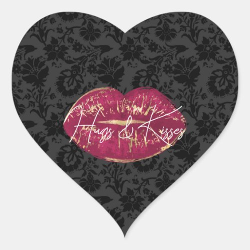 Flirty Red Lips Kiss Black Floral Heart Sticker