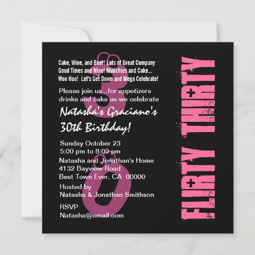 Flirty Thirty Birthday Black White PInk Template Invitations