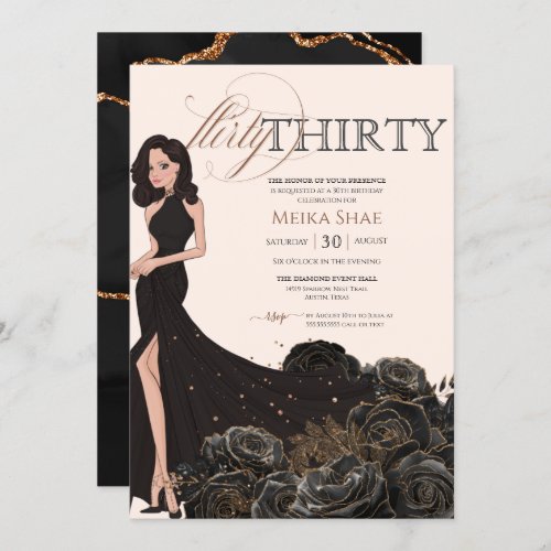 Flirty Thirty Glam Black  Rose Gold 30th Birthday Invitation