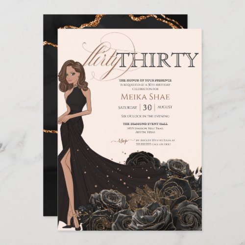 Flirty Thirty Glam Black  Rose Gold 30th Birthday Invitation