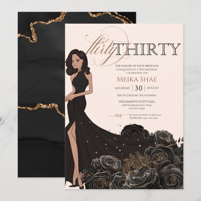 Flirty Thirty Glam Black & Rose Gold 30th Birthday Invitation (Front/Back)