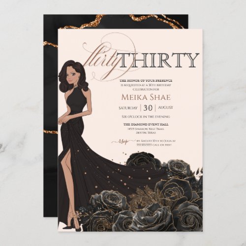 Flirty Thirty Glam Black  Rose Gold 30th Birthday Invitation