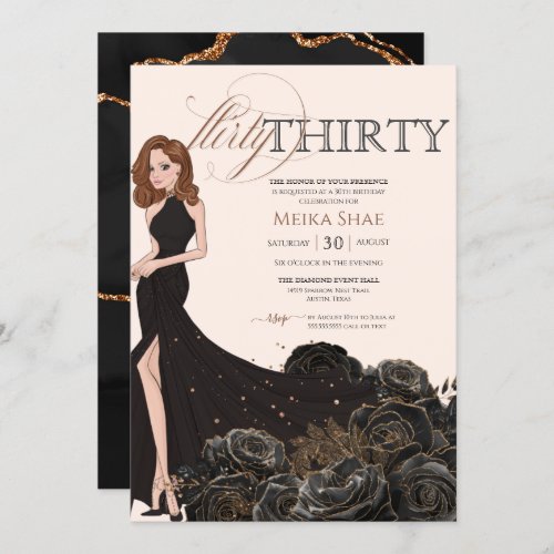 Flirty Thirty Glam Black  Rose Gold 30th Birthday Invitation