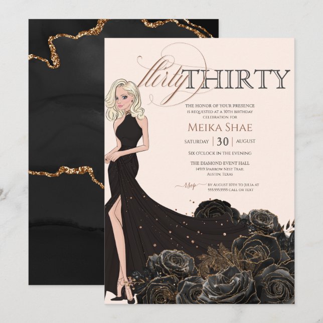 Flirty Thirty Glam Black & Rose Gold 30th Birthday Invitation (Front/Back)