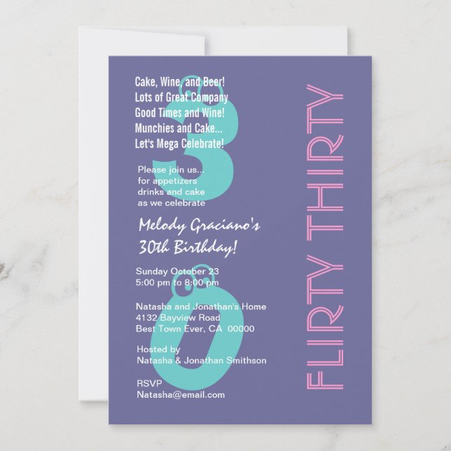 Flirty Thirty Purple Blue Pink Birthday Modern Invitation (Front)