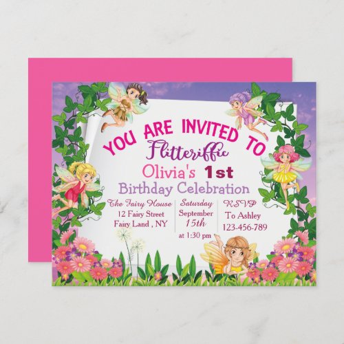 Flitteriffic Pink Magical Fairy Land 1st  Birthday Invitation