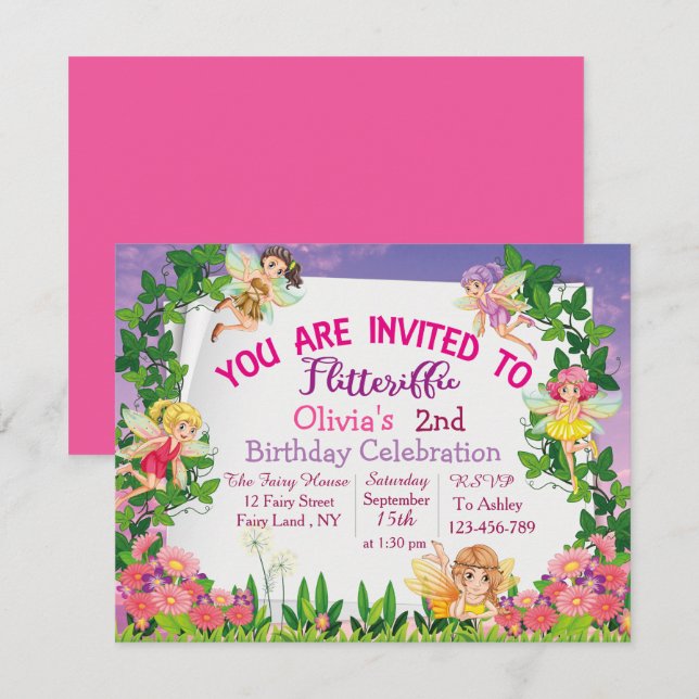 Flitteriffic Pink Magical Fairy Land 2nd Birthday Invitation (Front/Back)