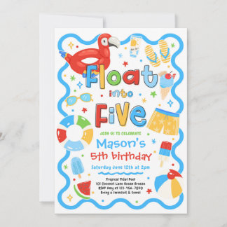 Float Into Five Summer Pool Party 5th Birthday Invitation