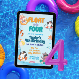 Float into Four, Pool Animals 4th Birthday Invitation