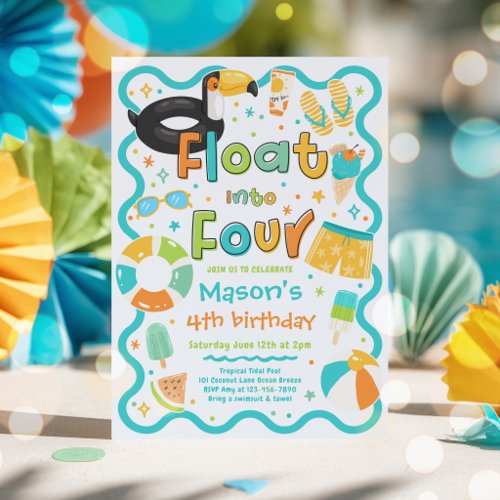 Float Into Four Summer Pool Party 4th Birthday Invitation