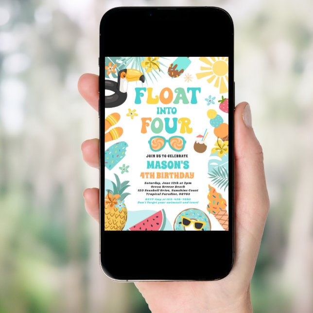 Float Into Four Tropical Beach 4th Birthday Party Invitation (Front Digital)