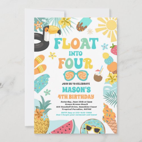 Float Into Four Tropical Beach 4th Birthday Party Invitation