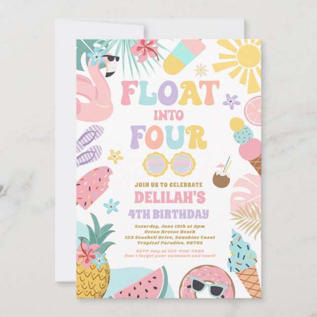 Float Into Four Tropical Beach 4th Birthday Party Invitation (Front)