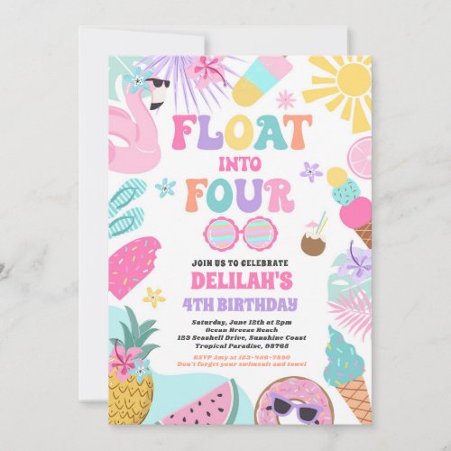 Float Into Four Tropical Beach 4th Birthday Party Invitation