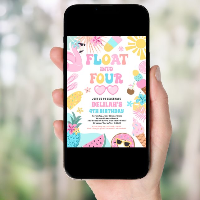 Float Into Four Tropical Beach 4th Birthday Party Invitation (Front Digital)