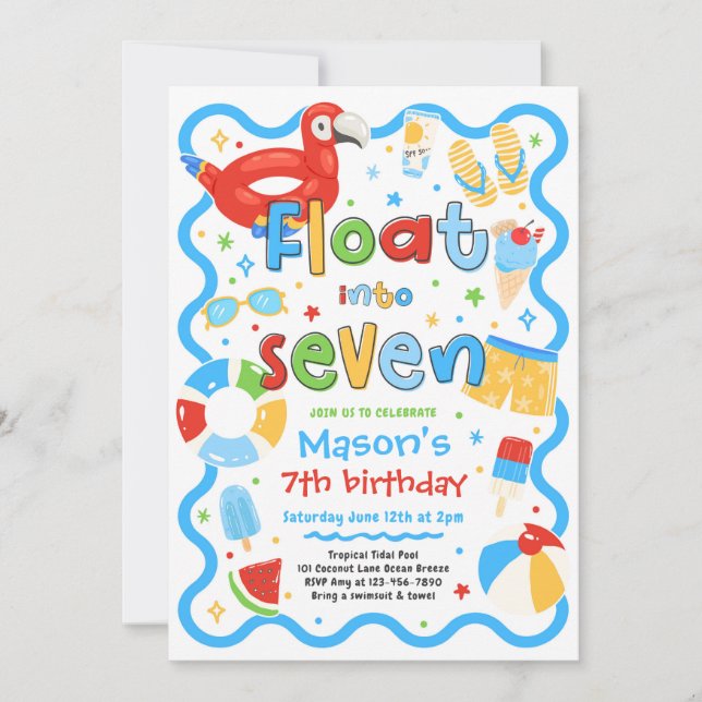 Float Into Seven Summer Pool Party 7th Birthday Invitation (Front)