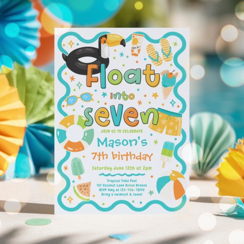Float Into Seven Summer Pool Party 7th Birthday Invitation