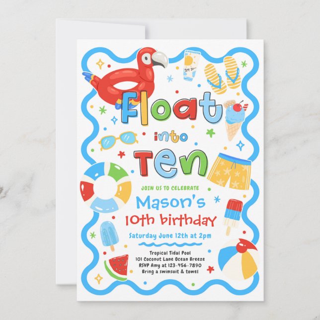 Float Into Ten Summer Pool Party 10th Birthday Invitation (Front)