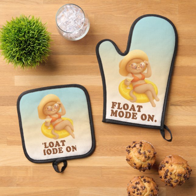 Float Mode On: Summer Cat Lemon Pool Party Art Oven Mitt & Pot Holder Set (Top Down)