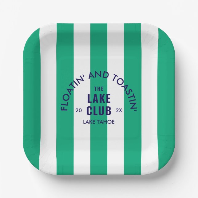 Floatin' And Toastin' The Lake Club Green Stripe Paper Plates (Front)