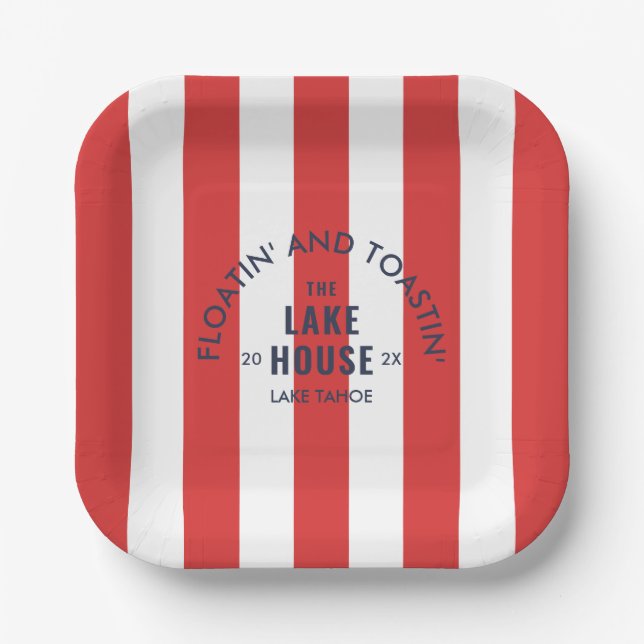 Floatin' And Toastin' The Lake Club Red Stripe Paper Plates (Front)