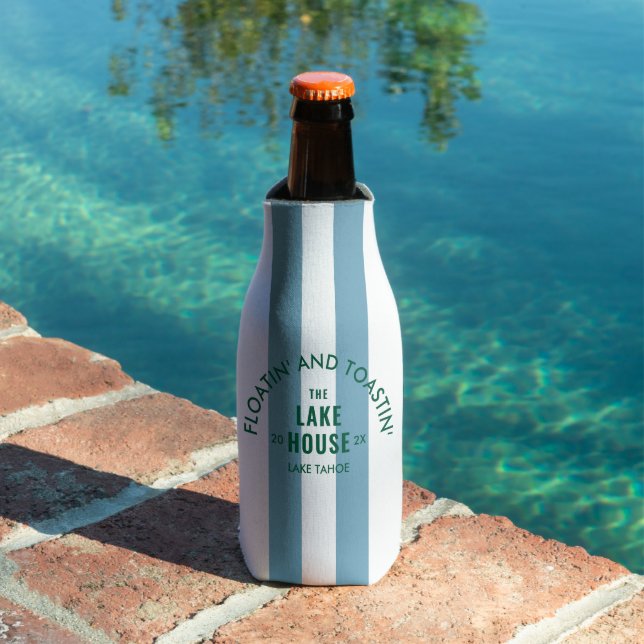 Floatin' And Toastin' The Lake House Blue Stripe Bottle Cooler (In Situ Pool)