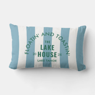 Floatin' And Toastin' The Lake House Blue Stripe Lumbar Pillow