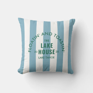 Floatin' And Toastin' The Lake House Blue Stripe Outdoor Pillow