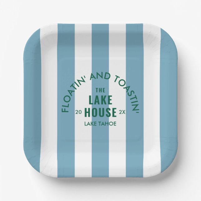 Floatin' And Toastin' The Lake House Blue Stripe Paper Plates (Front)
