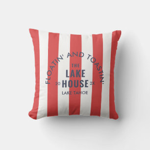 Floatin' And Toastin' The Lake House Red Stripe Outdoor Pillow