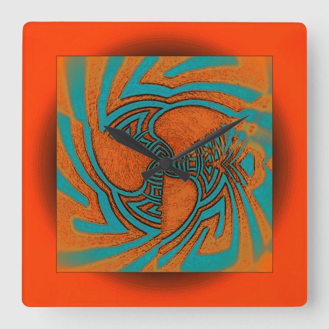Floating Abstract Design in Orange with Aqua Square Wall Clock (Front)