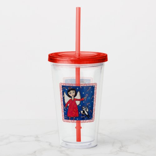 Floating Angel Cat Red Dress Candy Canes in Sky Acrylic Tumbler