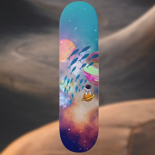 Floating astronaut catching flying fish in space skateboard