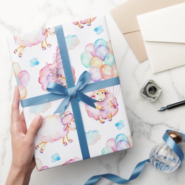 Floating Balloons Lambs Clouds in Pastels Wrapping Paper (Gifting)