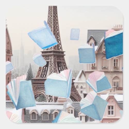 Floating Books Eiffel Tower Dream Square Sticker