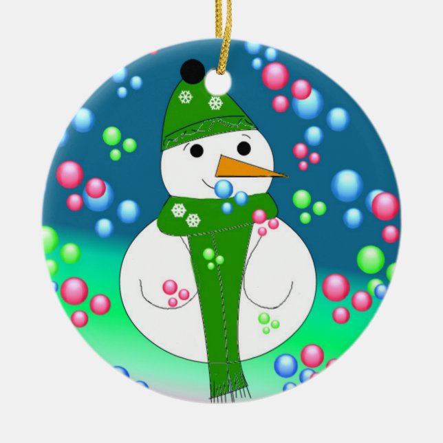 Floating Bubbles Snowman Ceramic Ornament (Front)
